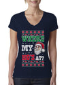Where my Hos At Santa Funny Ugly Christmas Sweater Womens Junior Fit V-Neck Tee