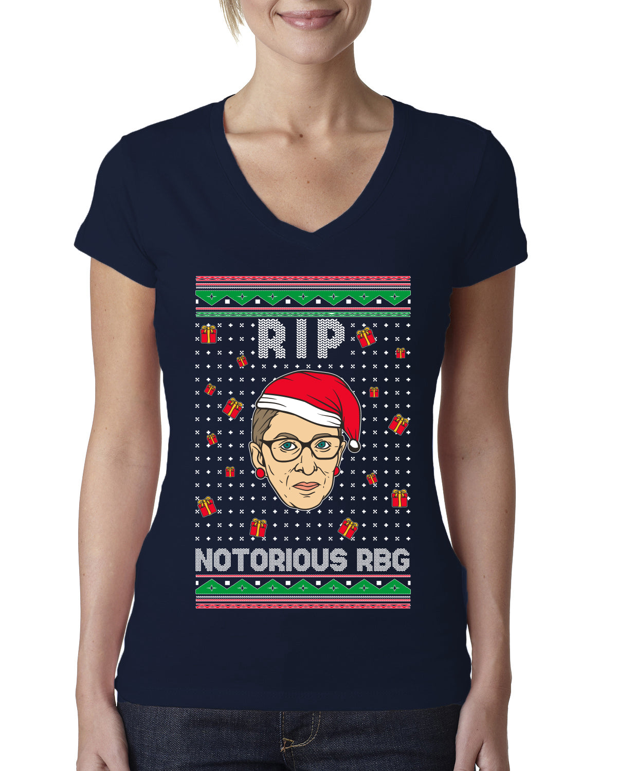 RIP Notorious RBG Ruth Bader Ginsburg Ugly Christmas Sweater Womens Junior Fit V-Neck Tee