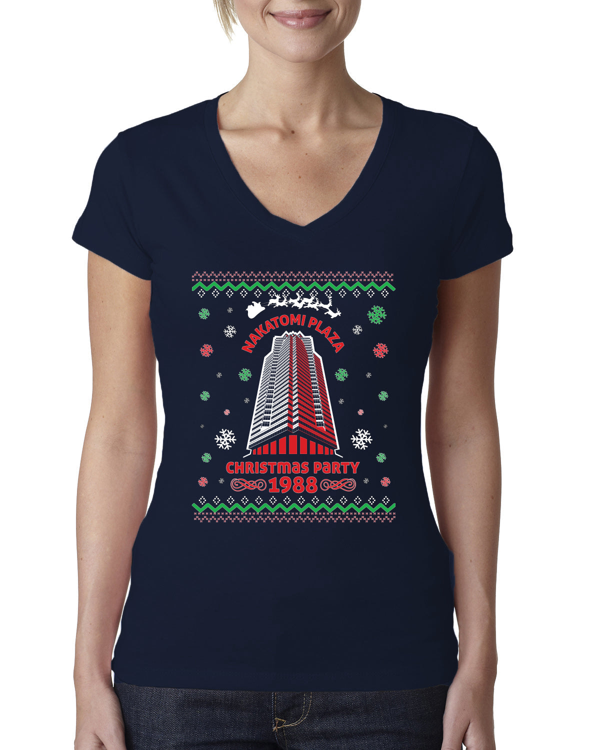 Nakatomi Plaza Christmas Party 1988 Ugly Christmas Sweater Womens Junior Fit V-Neck Tee
