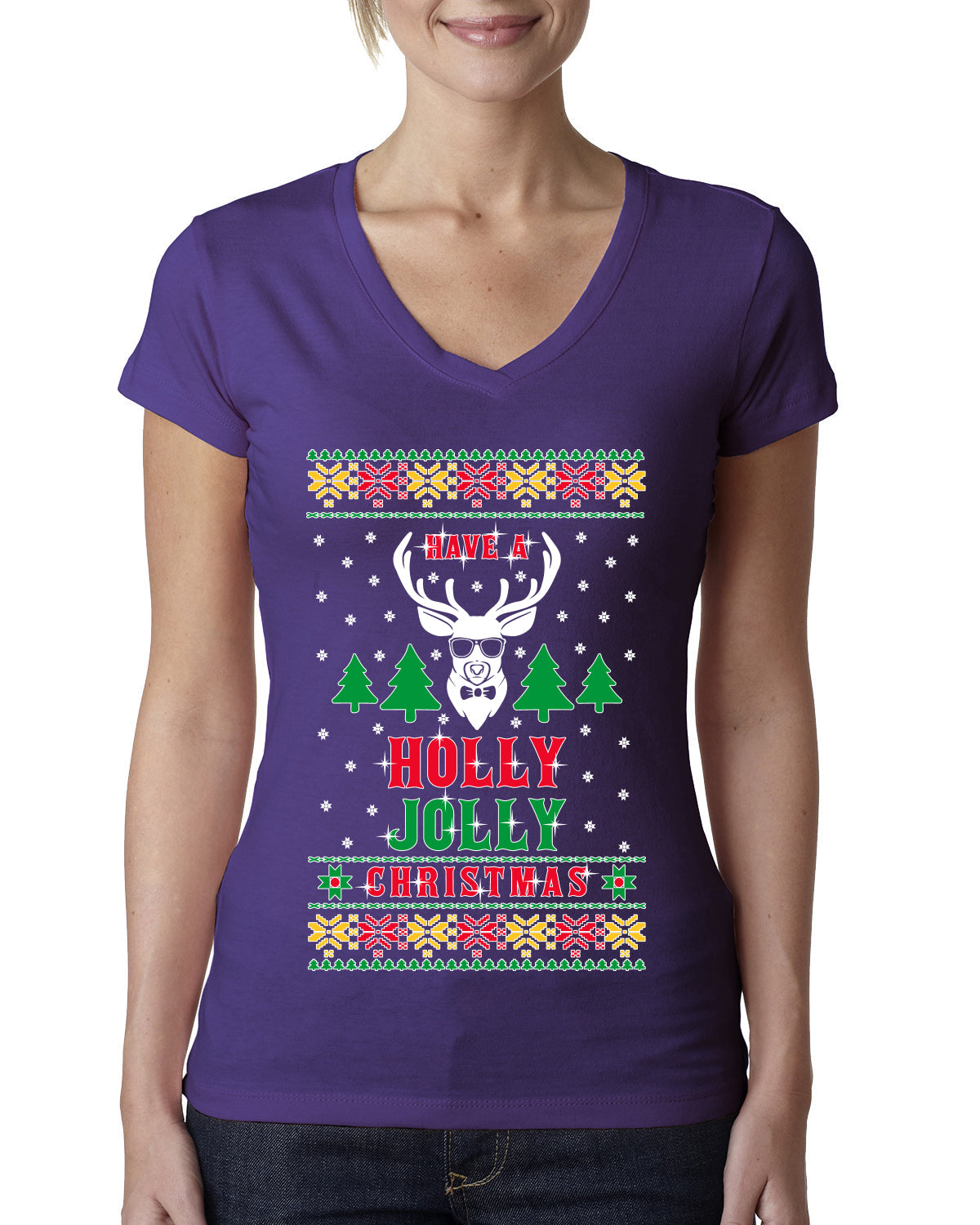 Have A Holly Jolly Christmas Ugly Christmas Sweater Womens Junior Fit V-Neck Tee
