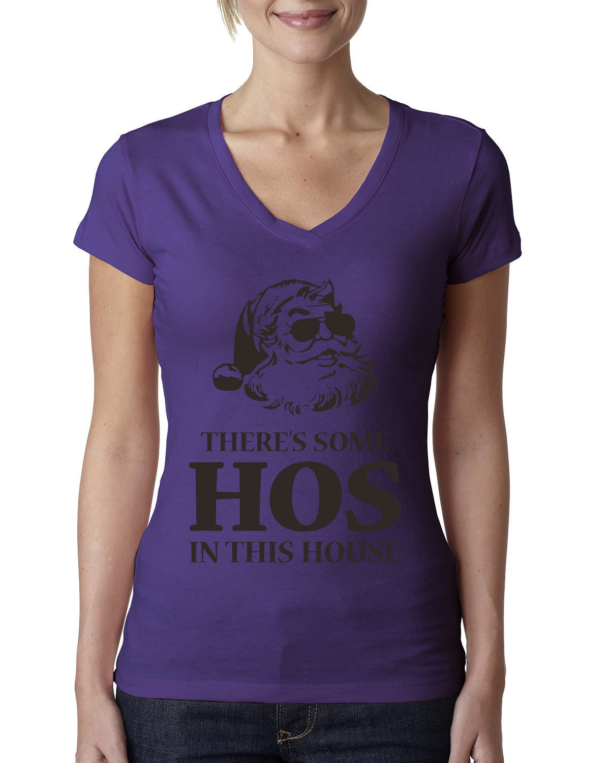 Theres some Hos in this House Ugly Christmas Sweater Womens Junior Fit V-Neck Tee
