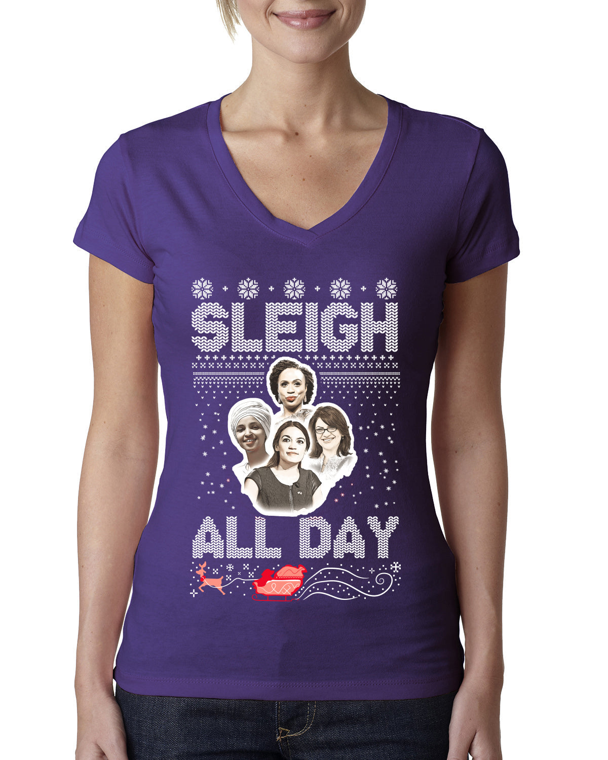 AOC The Squad Congresswomen Sleigh All Day Xmas Ugly Christmas Sweater Womens Junior Fit V-Neck Tee