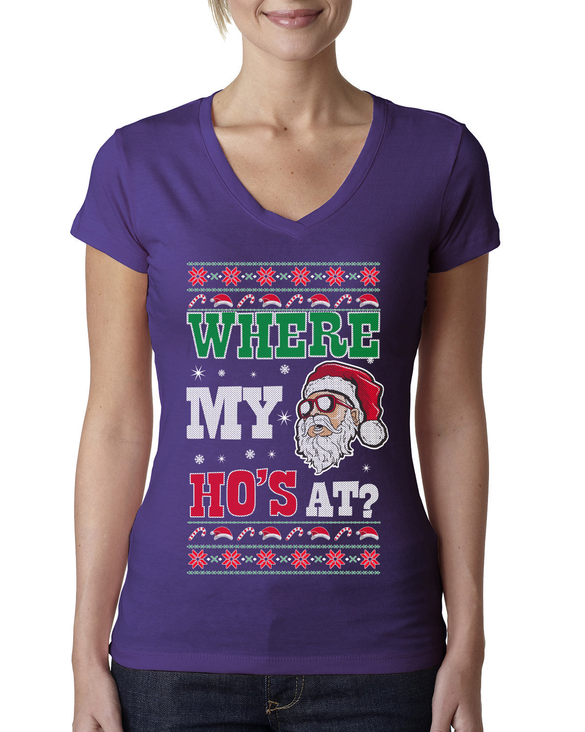 Where my Hos At Santa Funny Ugly Christmas Sweater Womens Junior Fit V-Neck Tee
