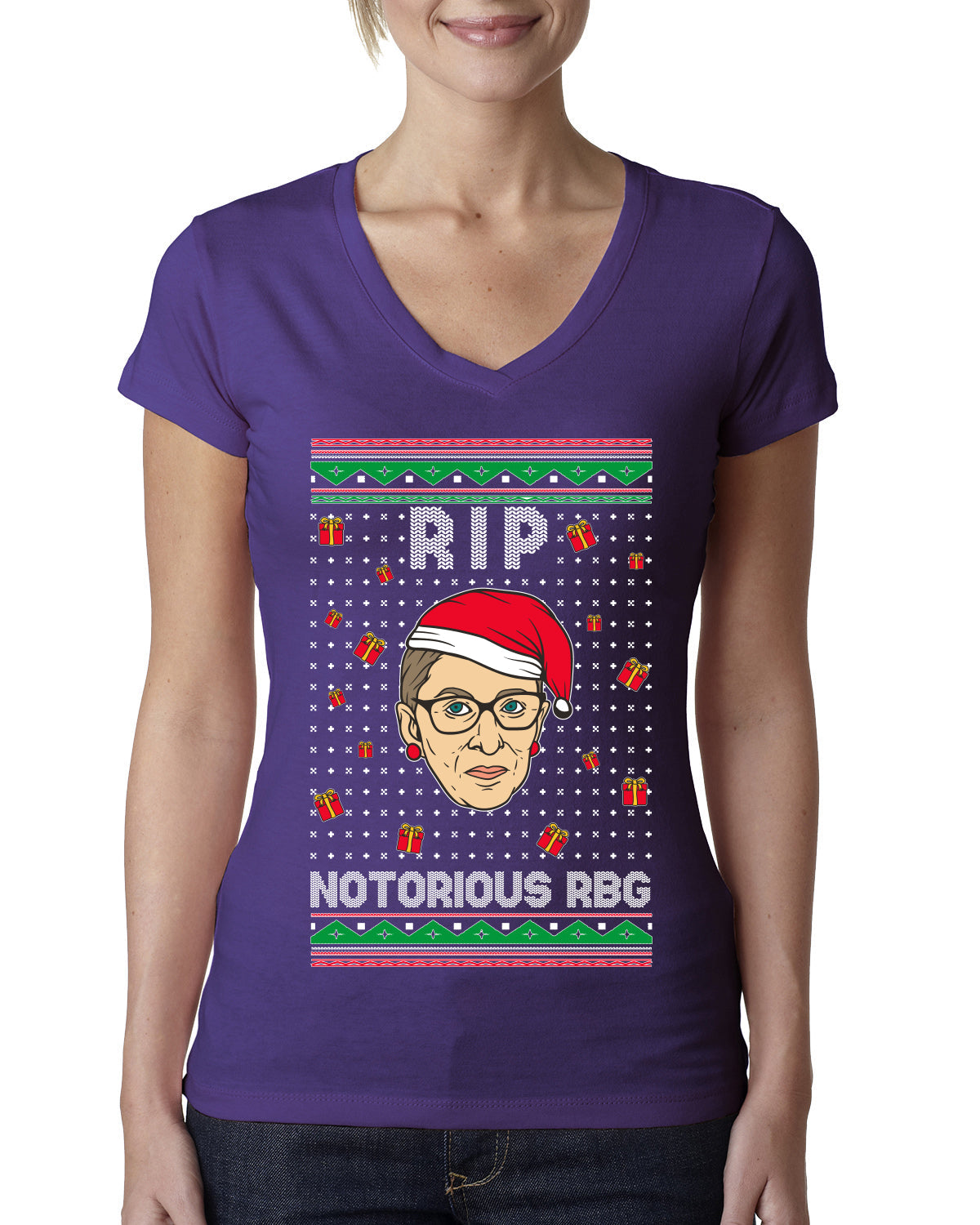 RIP Notorious RBG Ruth Bader Ginsburg Ugly Christmas Sweater Womens Junior Fit V-Neck Tee