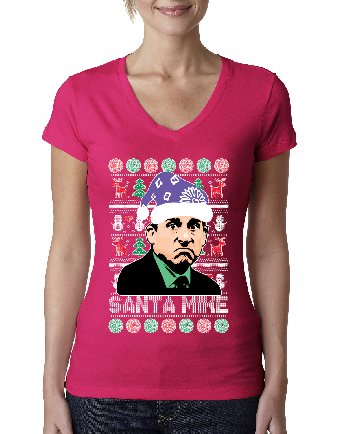 Santa Mike Michael Scott The Office Ugly Christmas Sweater Womens Junior Fit V-Neck Tee