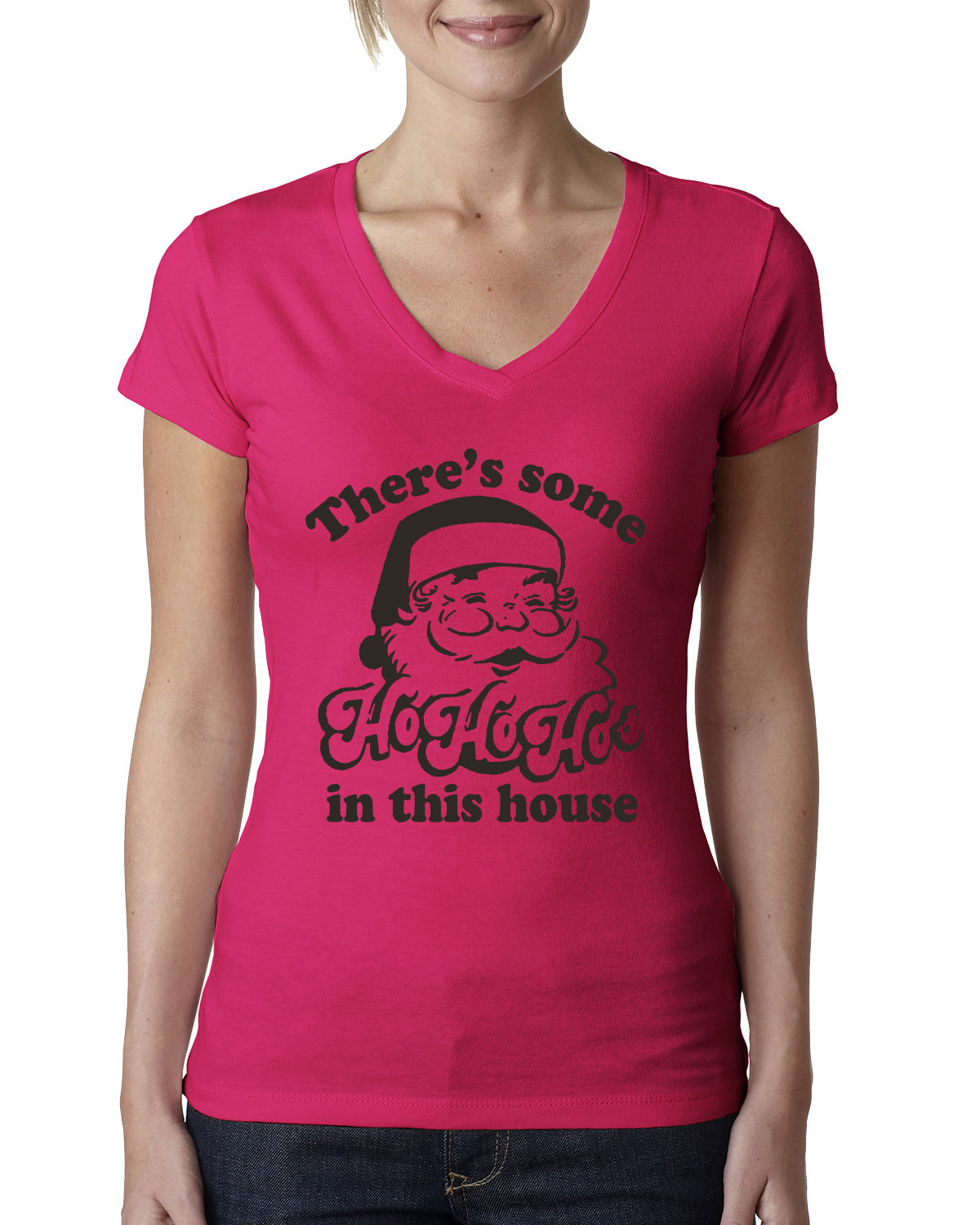 Theres some Ho Ho Ho in this House Ugly Christmas Sweater Womens Junior Fit V-Neck Tee