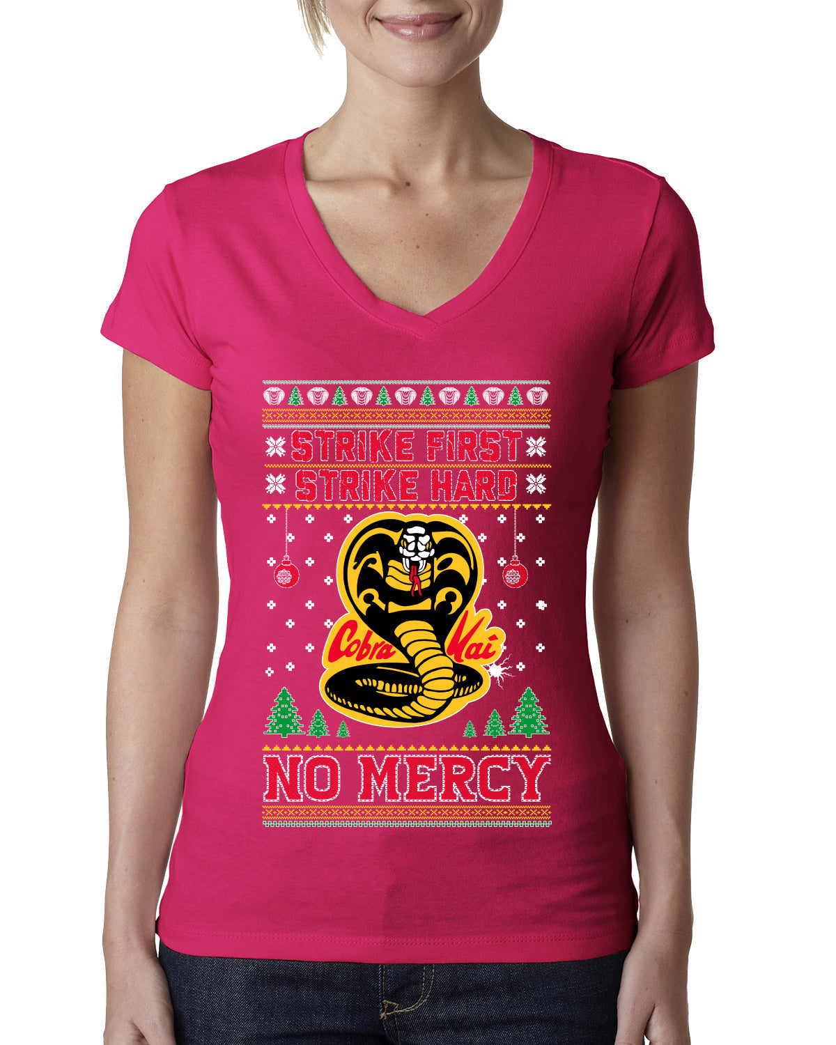 Strike First Strike Hard No Mercy Xmas Ugly Christmas Sweater Womens Junior Fit V-Neck Tee