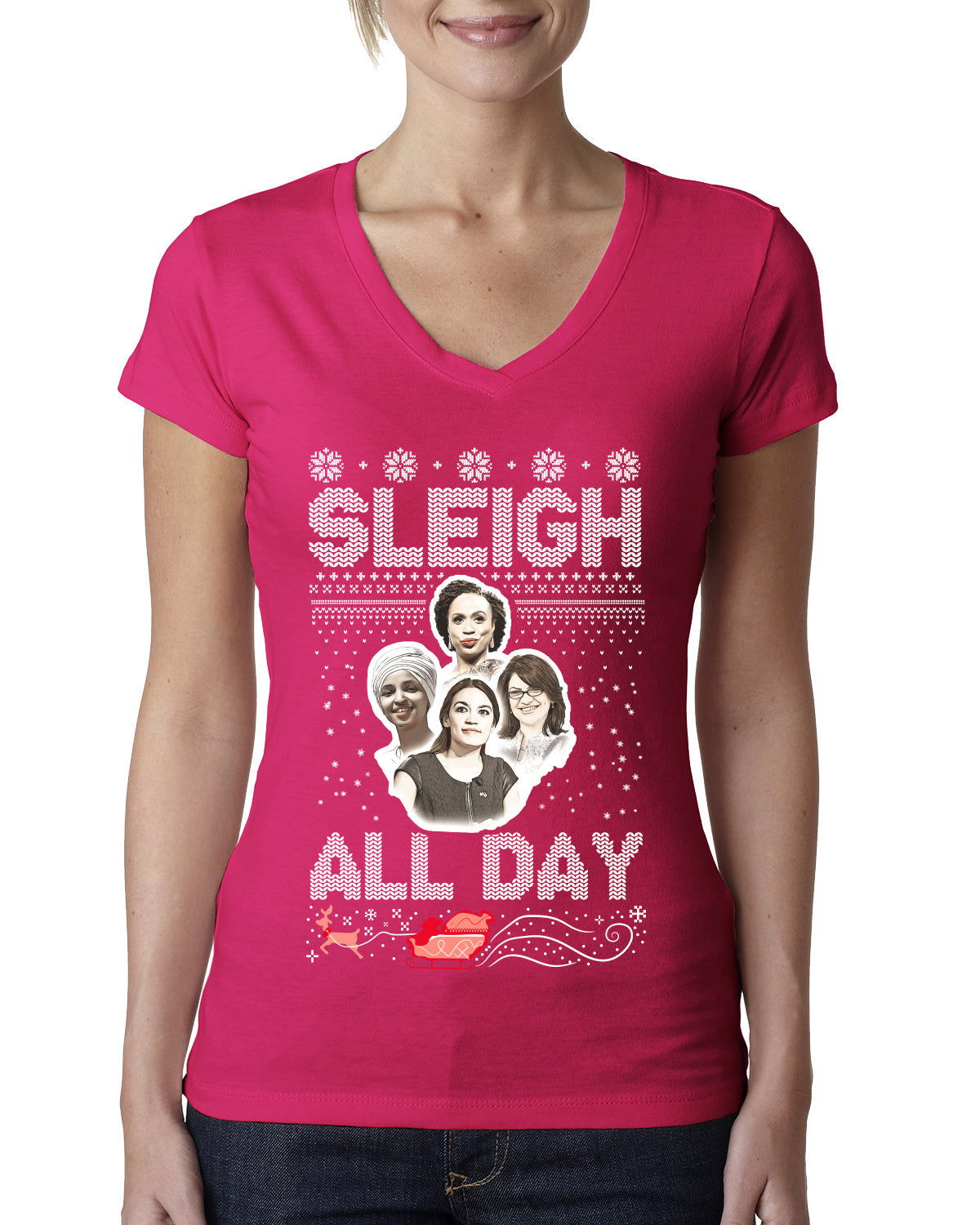 AOC The Squad Congresswomen Sleigh All Day Xmas Ugly Christmas Sweater Womens Junior Fit V-Neck Tee