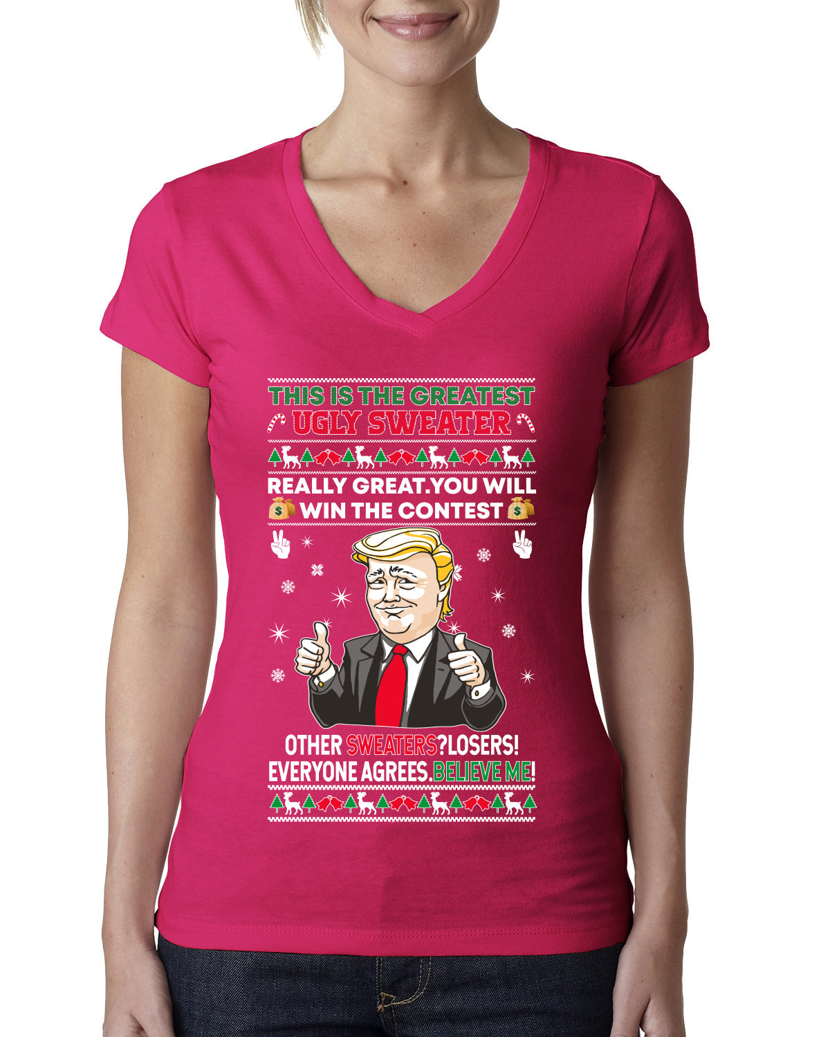 Trump This is the Greatest Ugly Christmas Sweater Womens Junior Fit V-Neck Tee