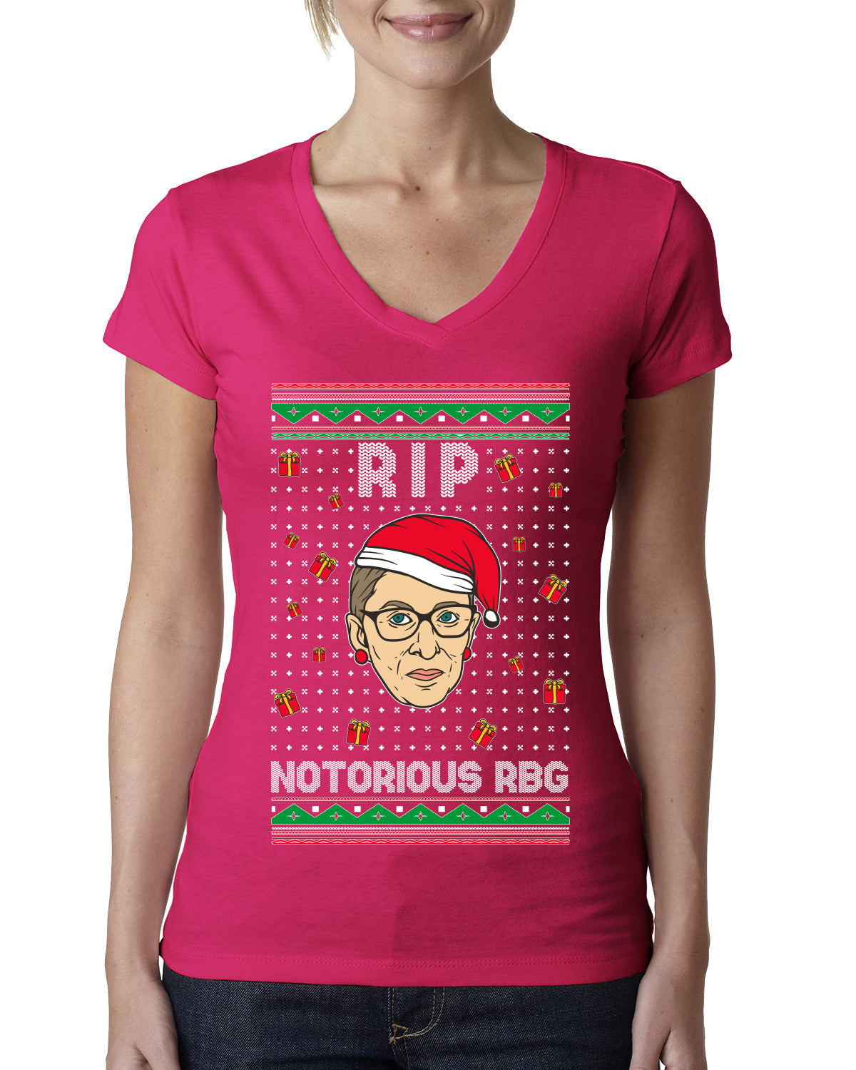 RIP Notorious RBG Ruth Bader Ginsburg Ugly Christmas Sweater Womens Junior Fit V-Neck Tee