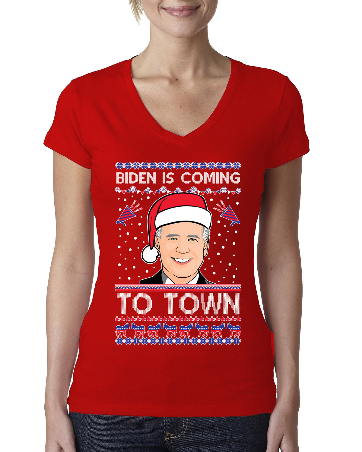 Biden Is Coming To Town Ugly Christmas Sweater Womens Junior Fit V-Neck Tee