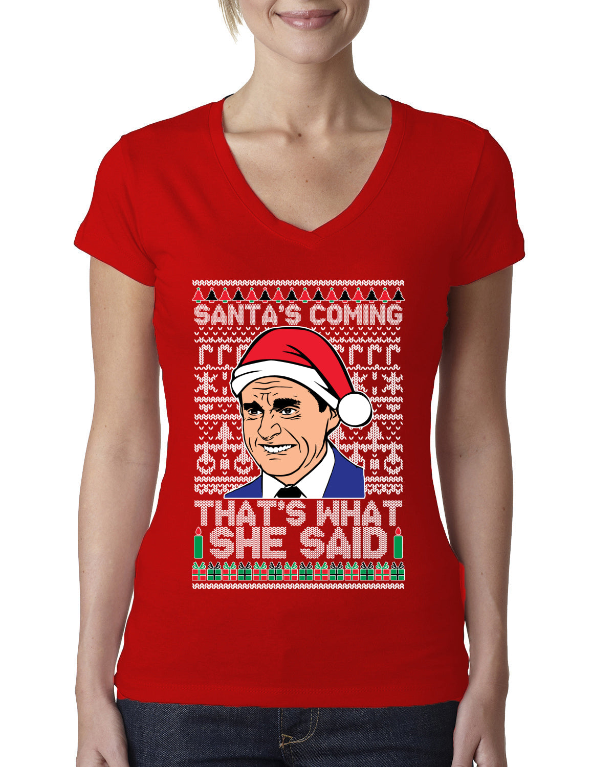 Santas Coming That's What She Said Michael Scott Ugly Christmas Sweater Womens Junior Fit V-Neck Tee