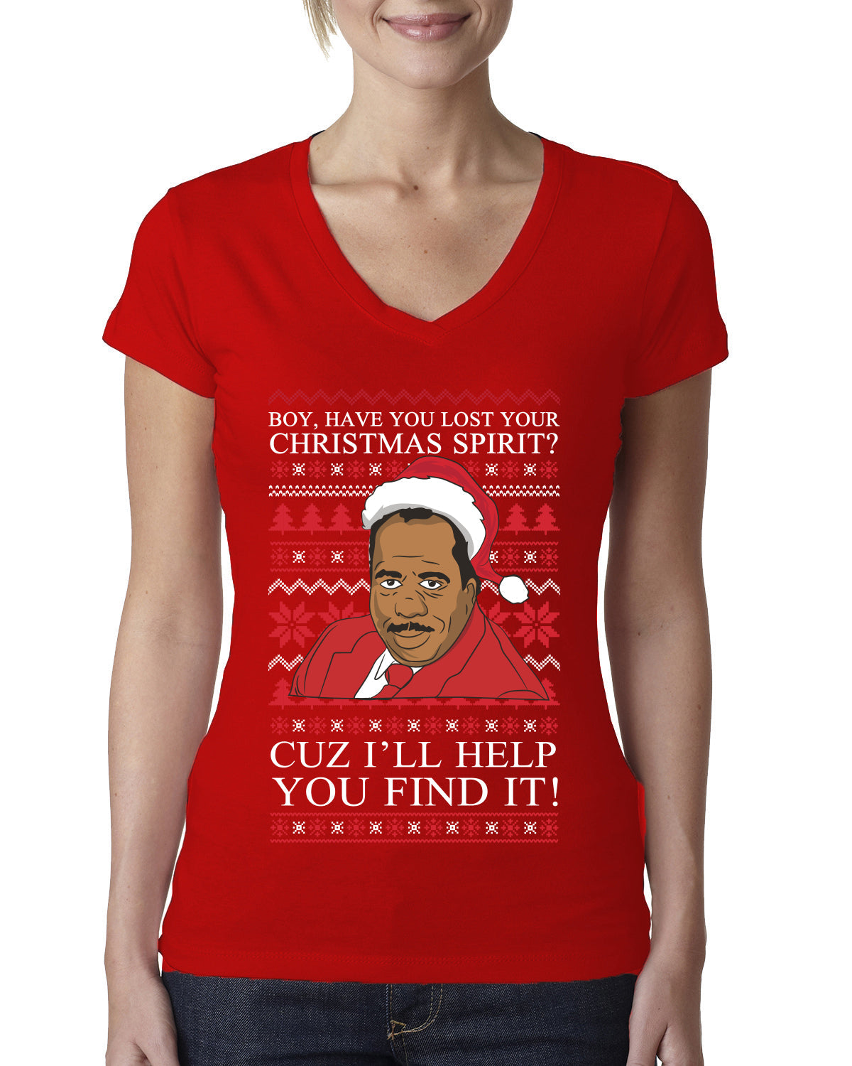 Christmas Spirit I'll Help You Find It Stanley Hudson Ugly Christmas Sweater Womens Junior Fit V-Neck Tee