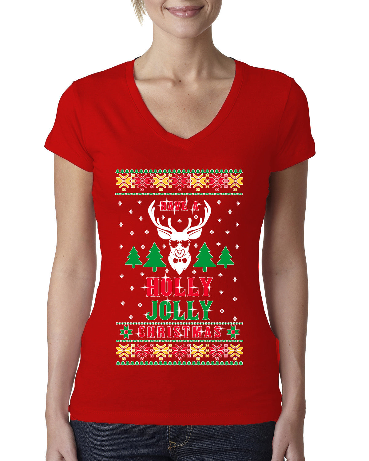 Have A Holly Jolly Christmas Ugly Christmas Sweater Womens Junior Fit V-Neck Tee