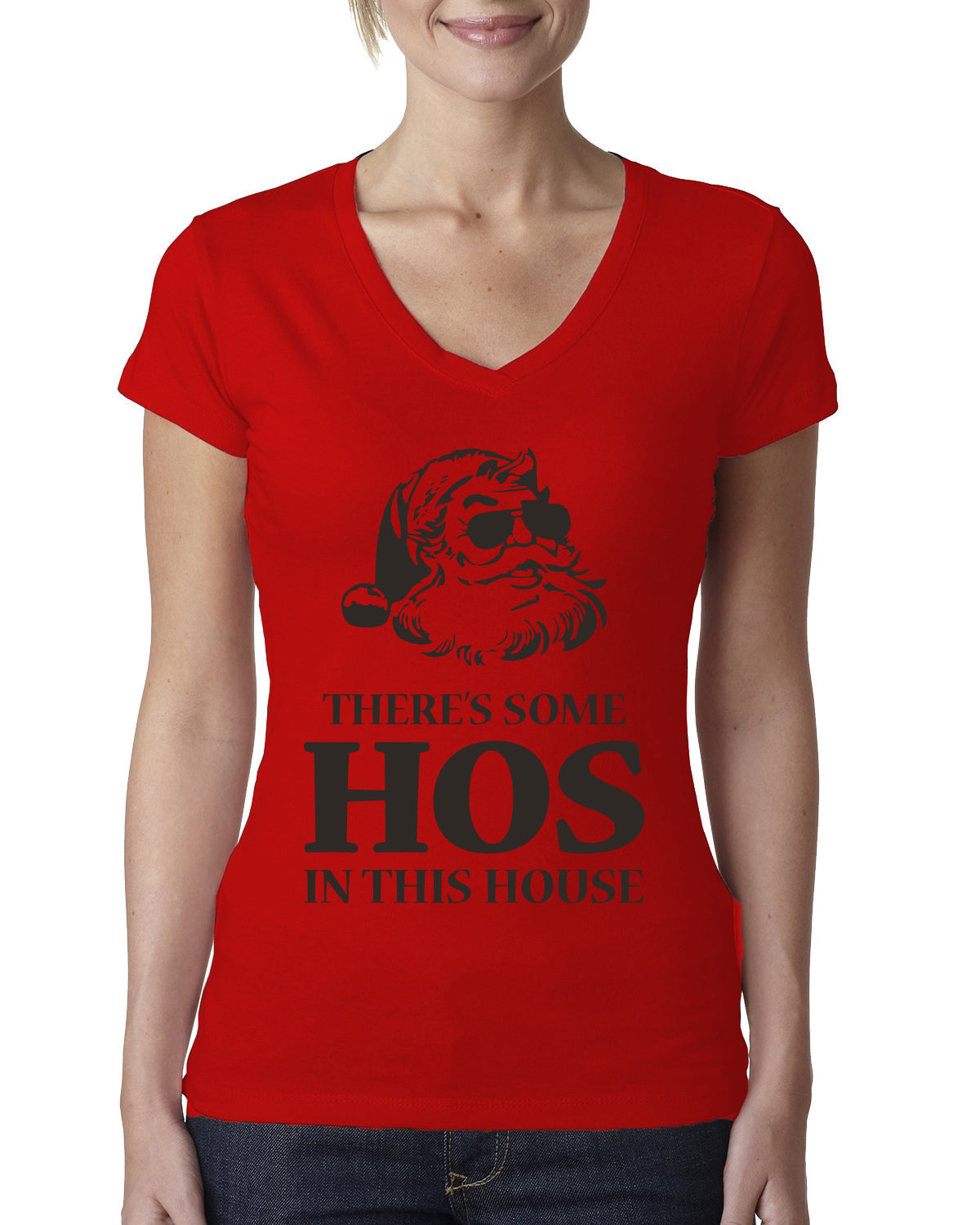 Theres some Hos in this House Ugly Christmas Sweater Womens Junior Fit V-Neck Tee