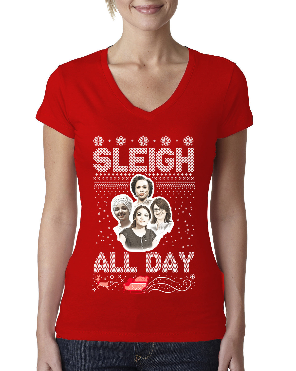 AOC The Squad Congresswomen Sleigh All Day Xmas Ugly Christmas Sweater Womens Junior Fit V-Neck Tee
