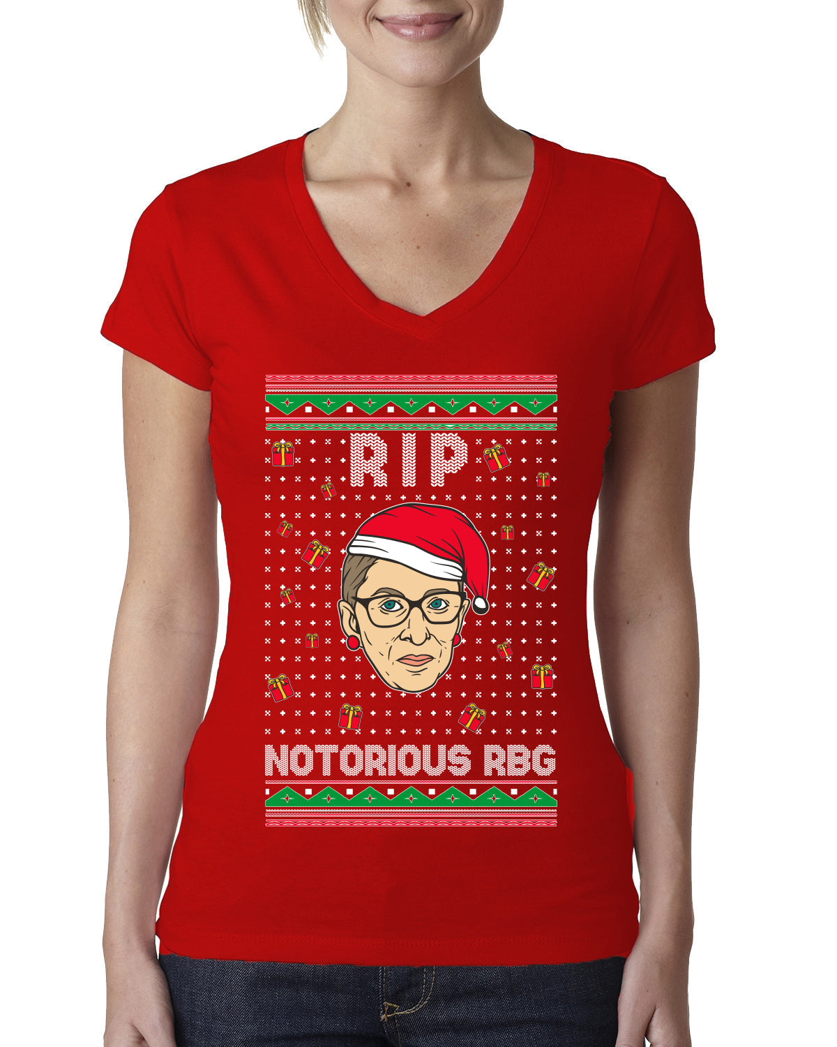 RIP Notorious RBG Ruth Bader Ginsburg Ugly Christmas Sweater Womens Junior Fit V-Neck Tee