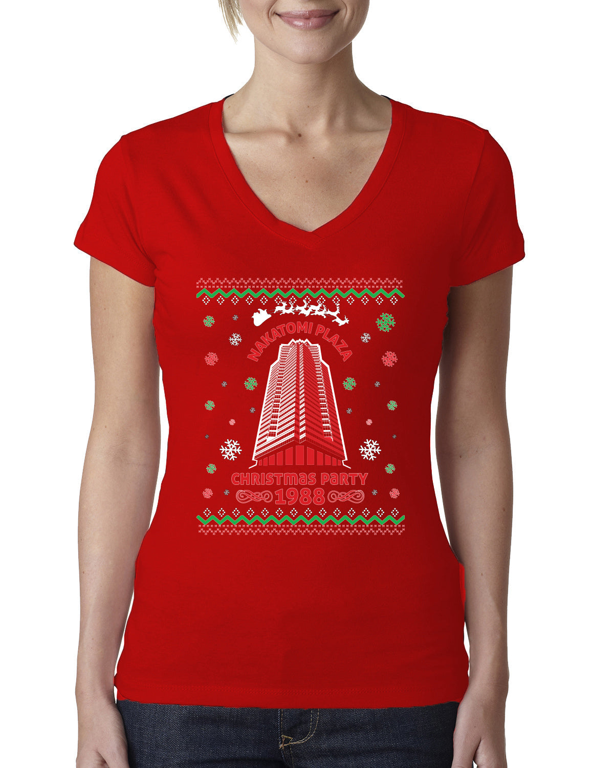 Nakatomi Plaza Christmas Party 1988 Ugly Christmas Sweater Womens Junior Fit V-Neck Tee