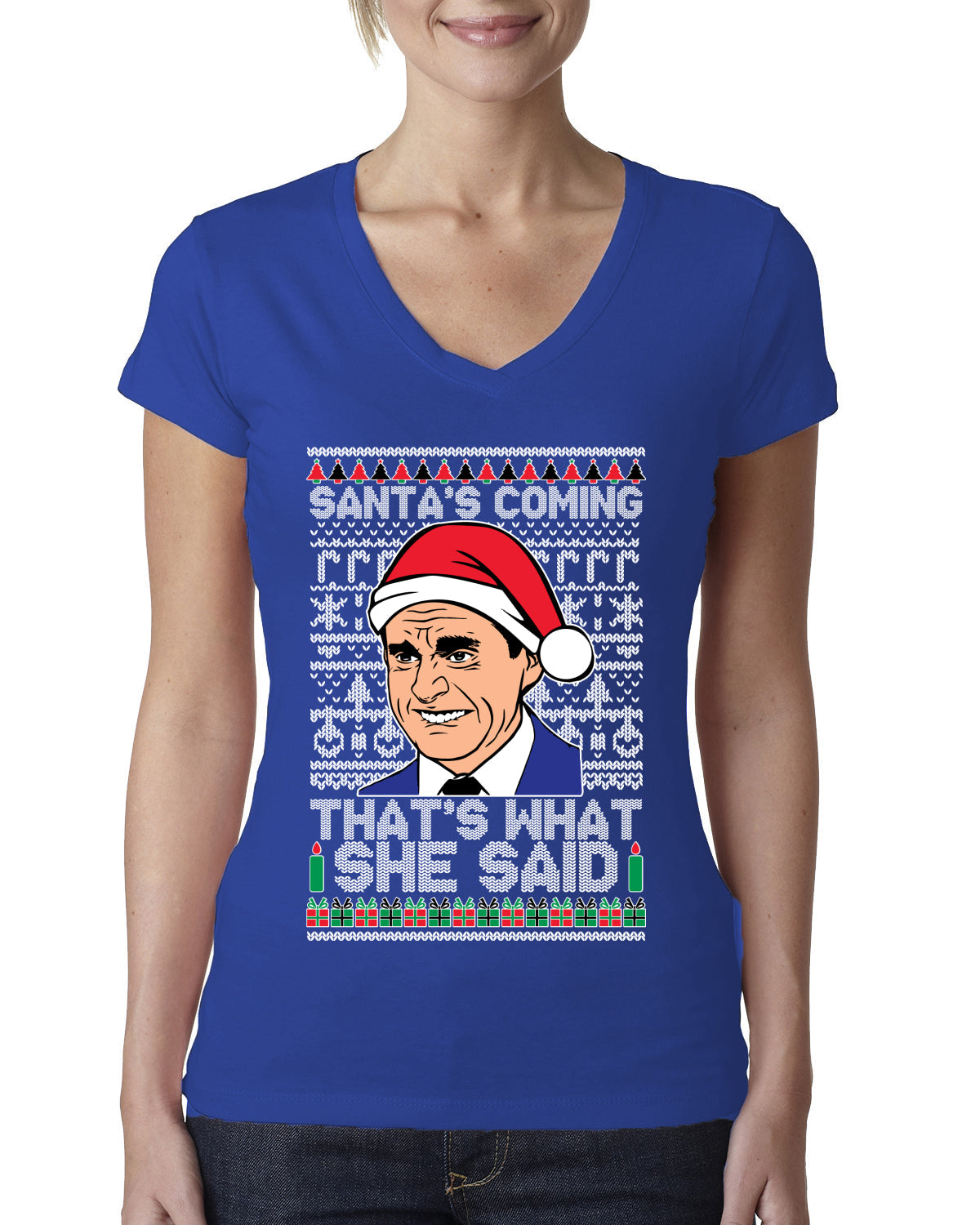 Santas Coming That's What She Said Michael Scott Ugly Christmas Sweater Womens Junior Fit V-Neck Tee