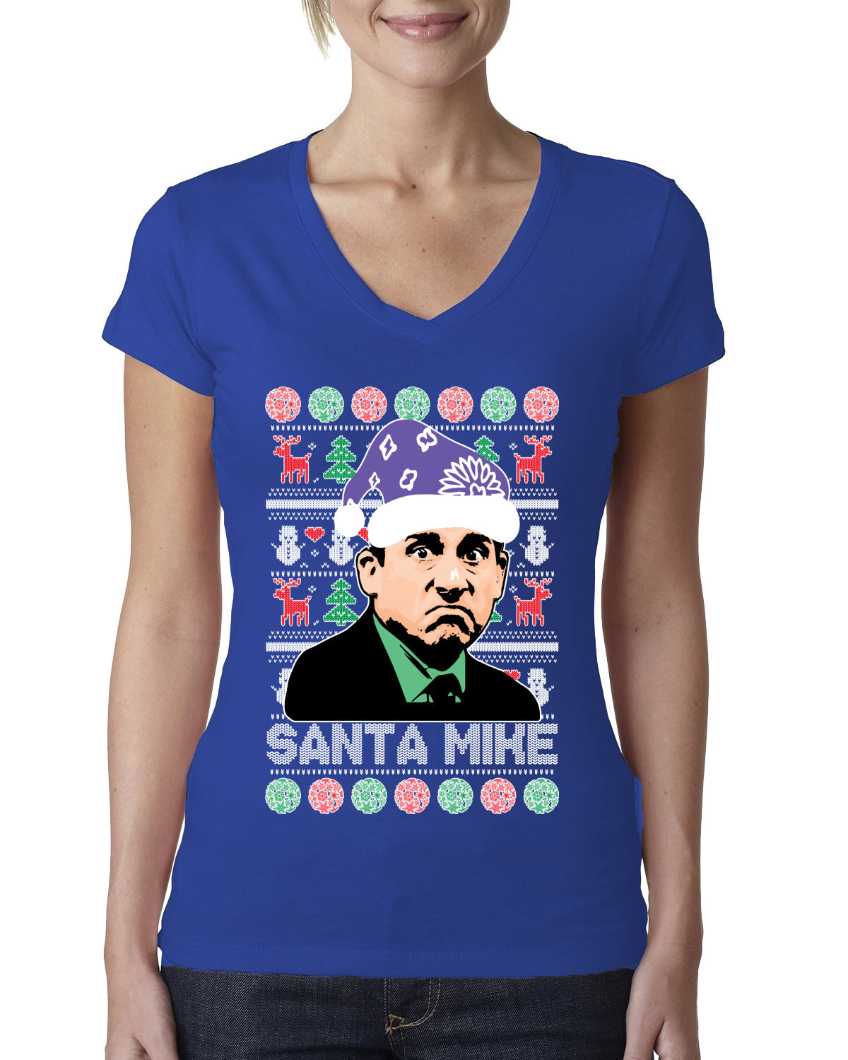 Santa Mike Michael Scott The Office Ugly Christmas Sweater Womens Junior Fit V-Neck Tee