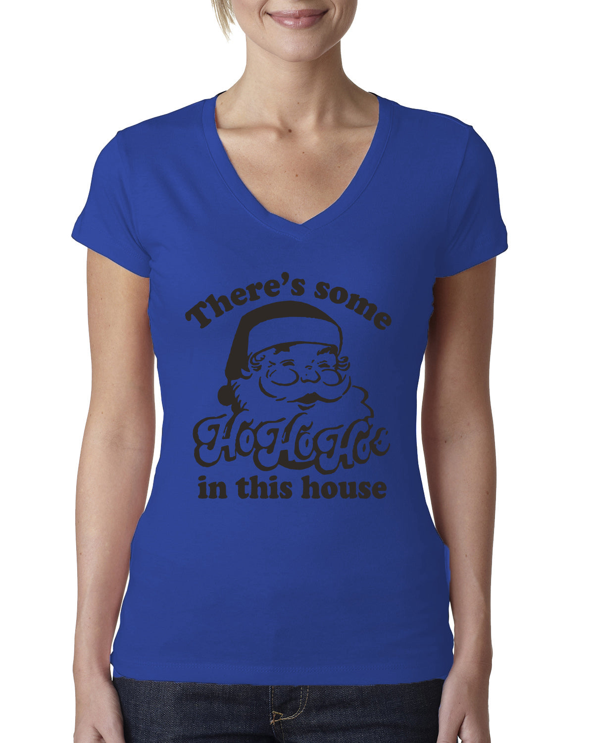 Theres some Ho Ho Ho in this House Ugly Christmas Sweater Womens Junior Fit V-Neck Tee