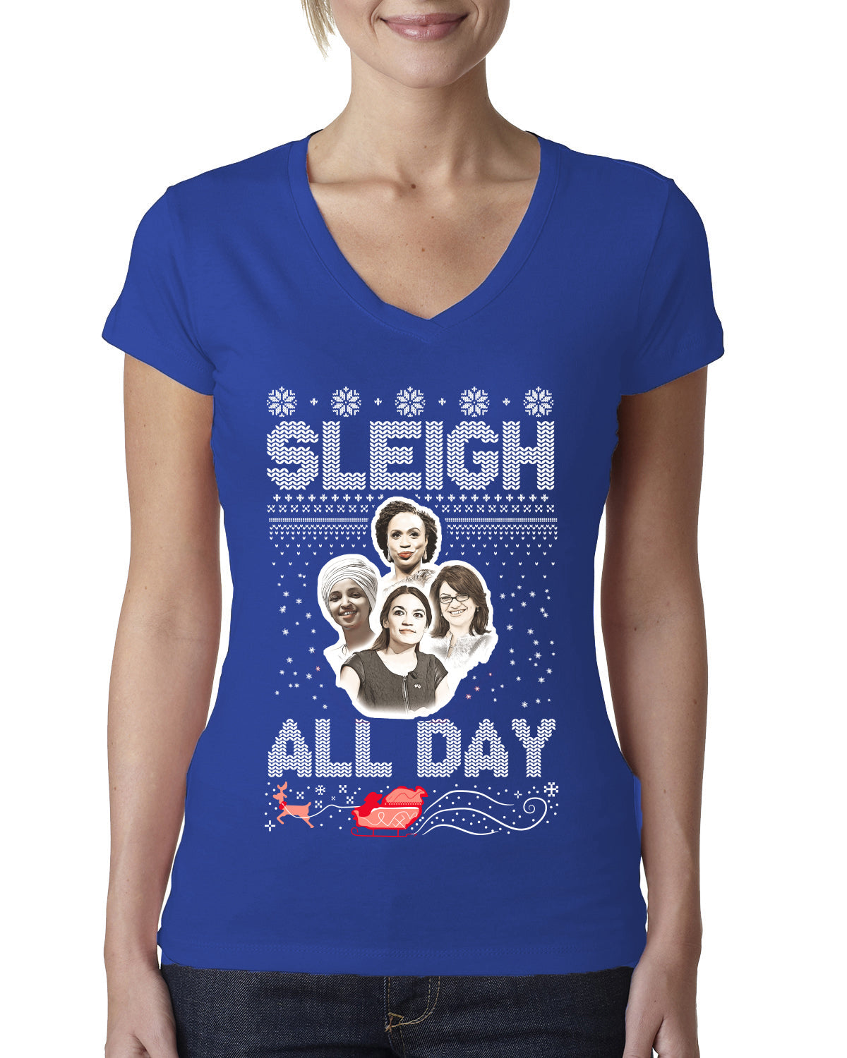 AOC The Squad Congresswomen Sleigh All Day Xmas Ugly Christmas Sweater Womens Junior Fit V-Neck Tee