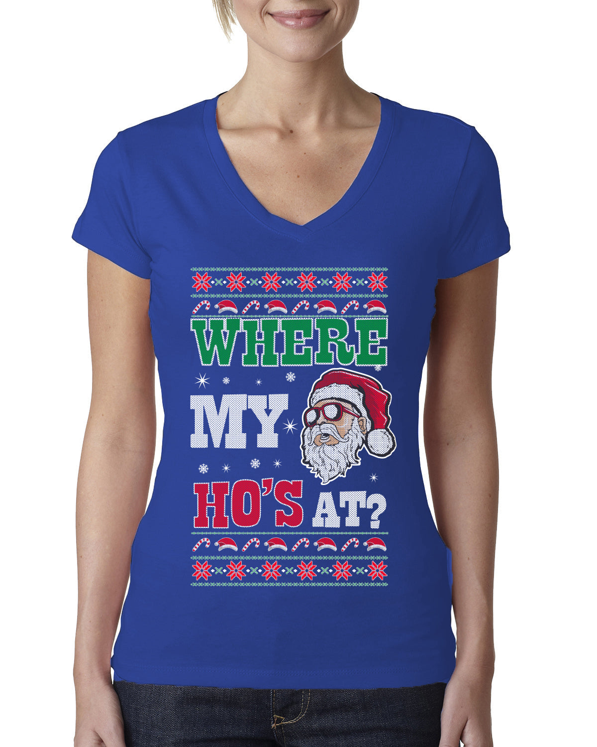 Where my Hos At Santa Funny Ugly Christmas Sweater Womens Junior Fit V-Neck Tee
