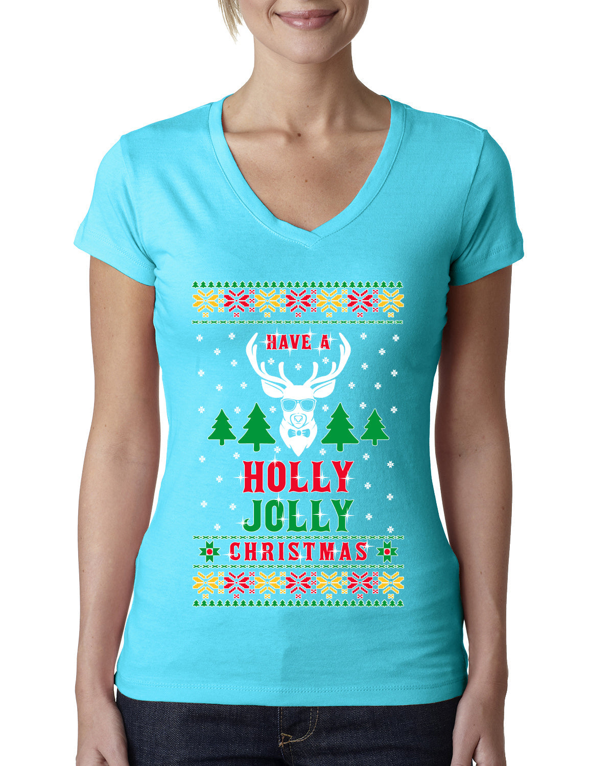 Have A Holly Jolly Christmas Ugly Christmas Sweater Womens Junior Fit V-Neck Tee