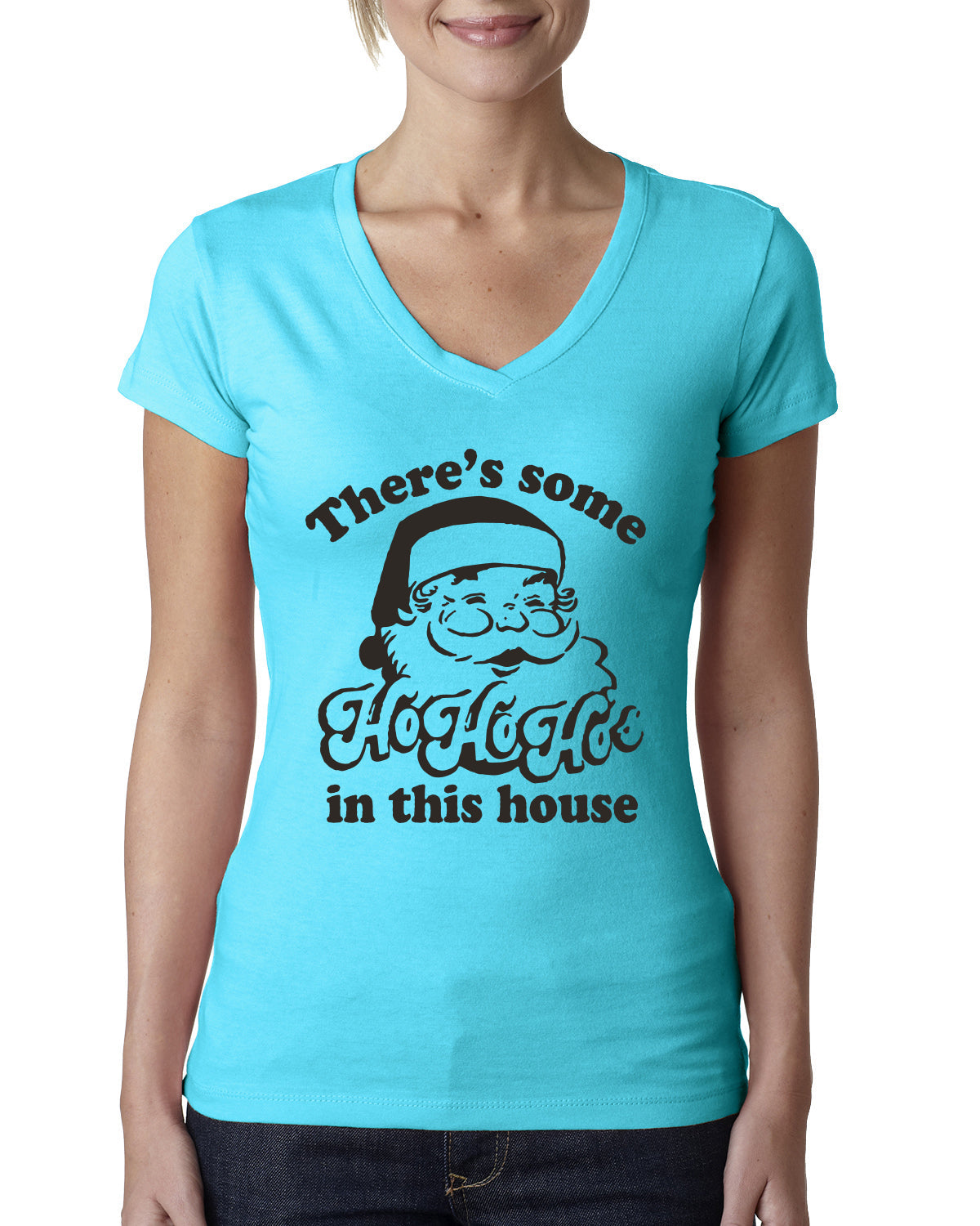 Theres some Ho Ho Ho in this House Ugly Christmas Sweater Womens Junior Fit V-Neck Tee