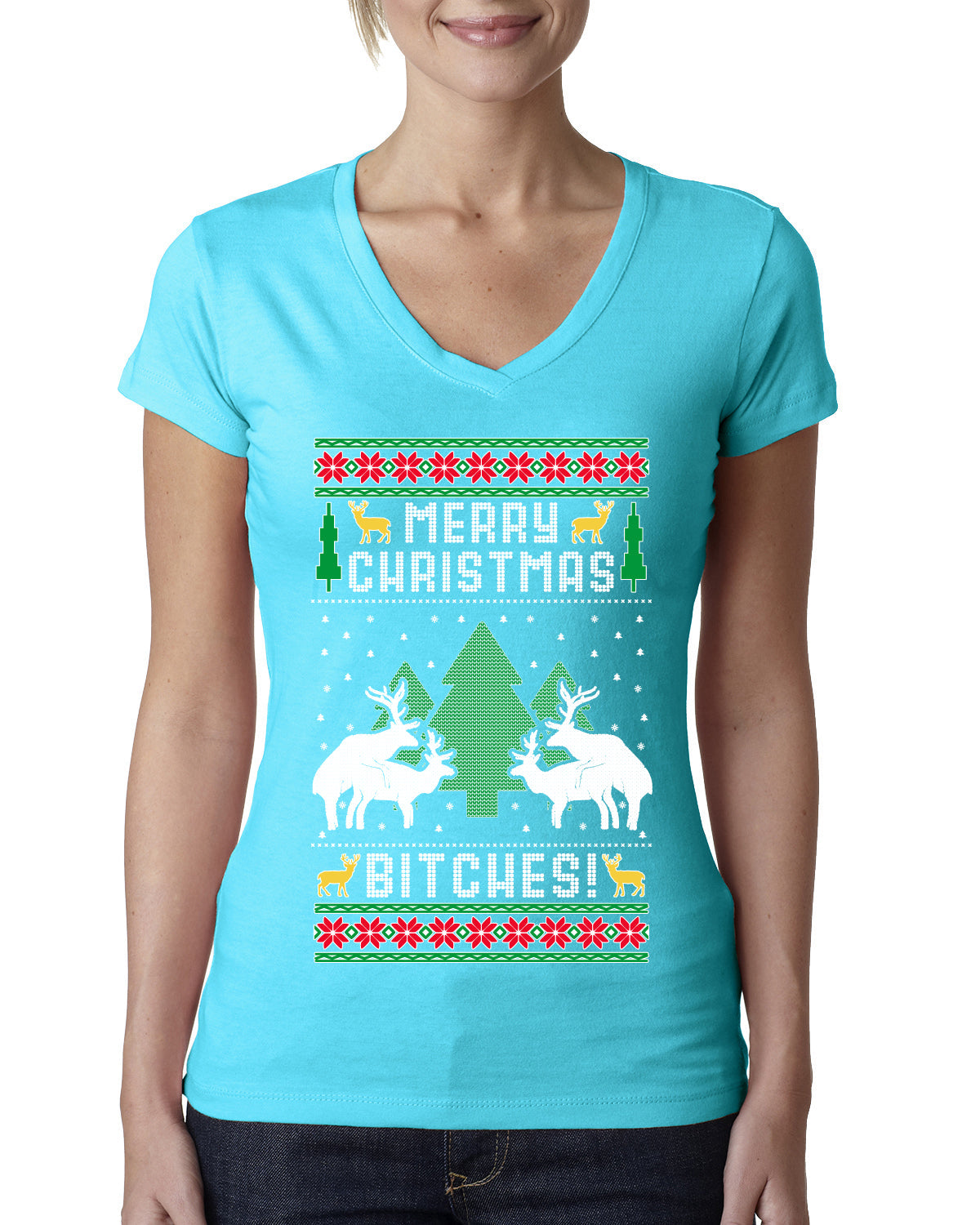 Merry Christmas Bitches Ugly Christmas Sweater Womens Junior Fit V-Neck Tee