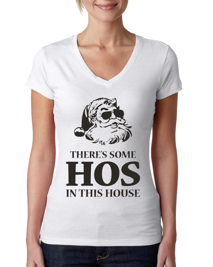 Theres some Hos in this House Ugly Christmas Sweater Womens Junior Fit V-Neck Tee