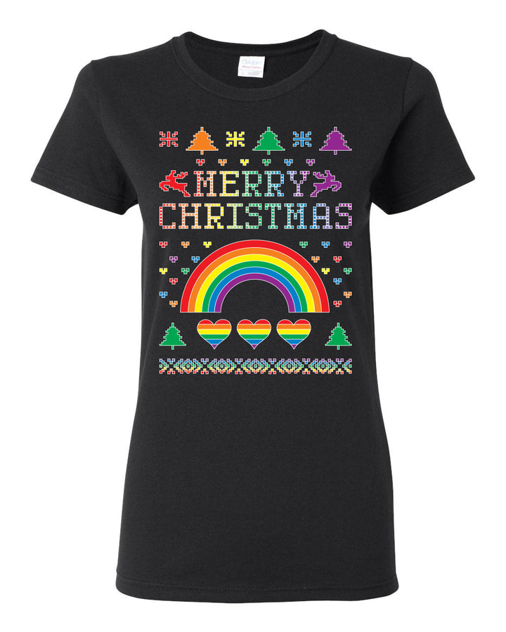 Merry Christmas Rainbow Hearts Womens Graphic T-Shirt