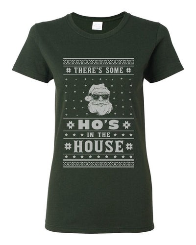 Theres Some Hos in the House Santa Ugly Christmas Sweater Womens Graphic T-Shirt