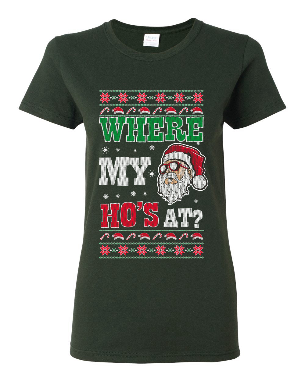 Where my Hos At Santa Funny Ugly Christmas Sweater Womens Graphic T-Shirt