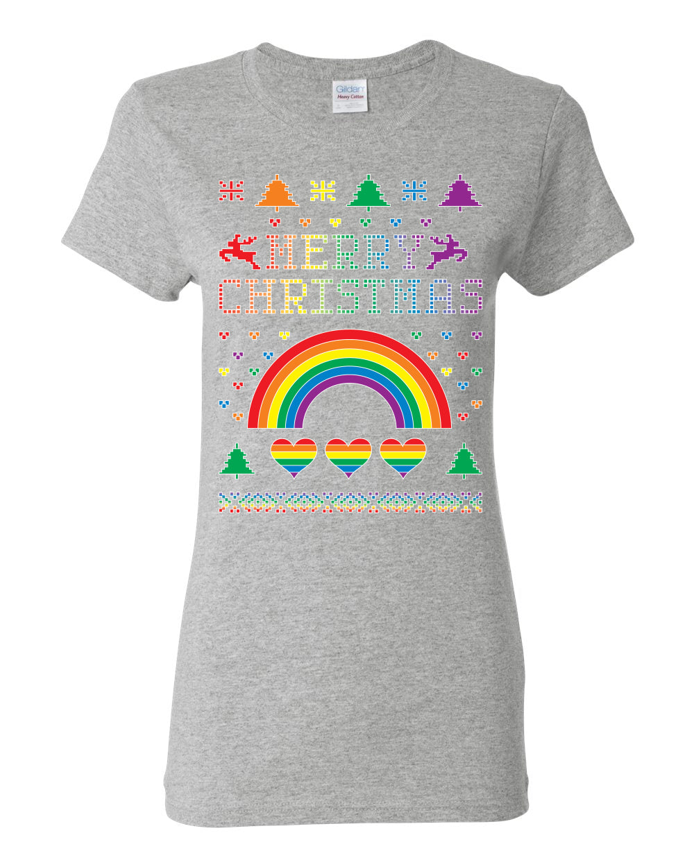 Merry Christmas Rainbow Hearts Womens Graphic T-Shirt