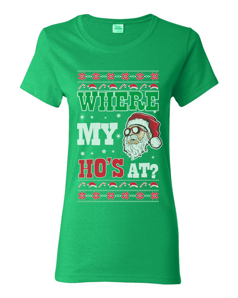 Where my Hos At Santa Funny Ugly Christmas Sweater Womens Graphic T-Shirt