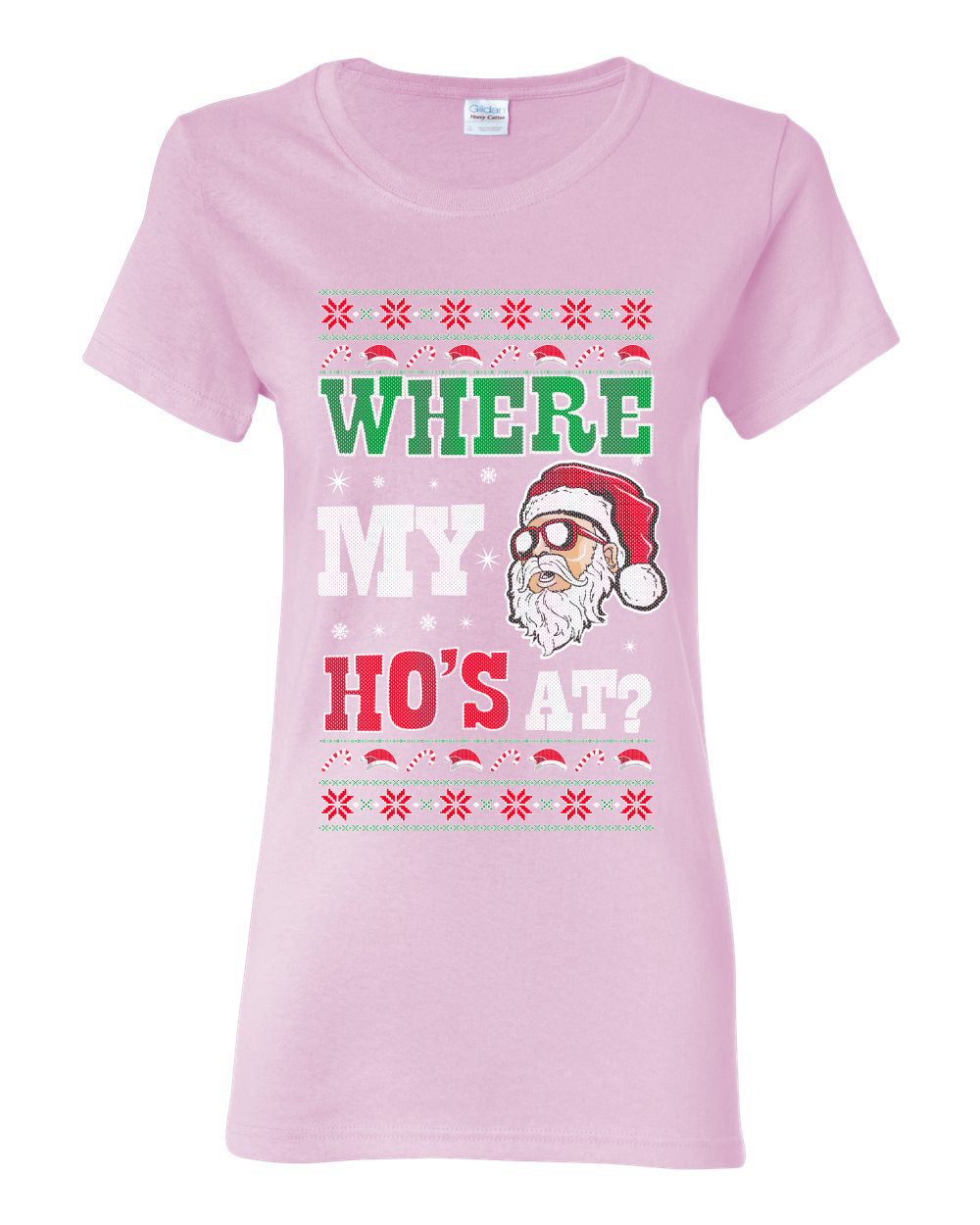 Where my Hos At Santa Funny Ugly Christmas Sweater Womens Graphic T-Shirt