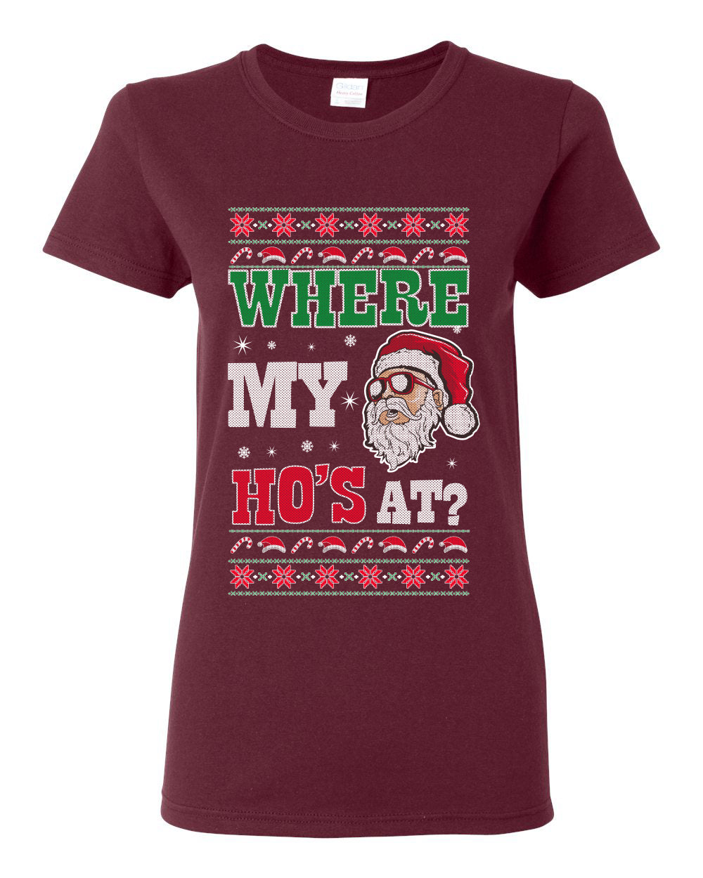 Where my Hos At Santa Funny Ugly Christmas Sweater Womens Graphic T-Shirt