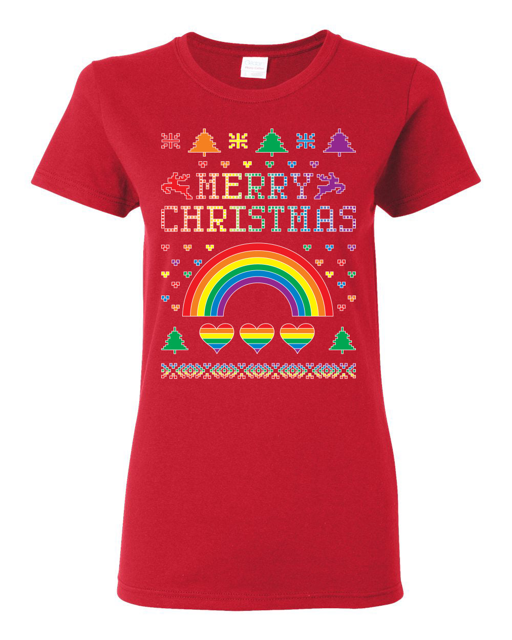 Merry Christmas Rainbow Hearts Womens Graphic T-Shirt