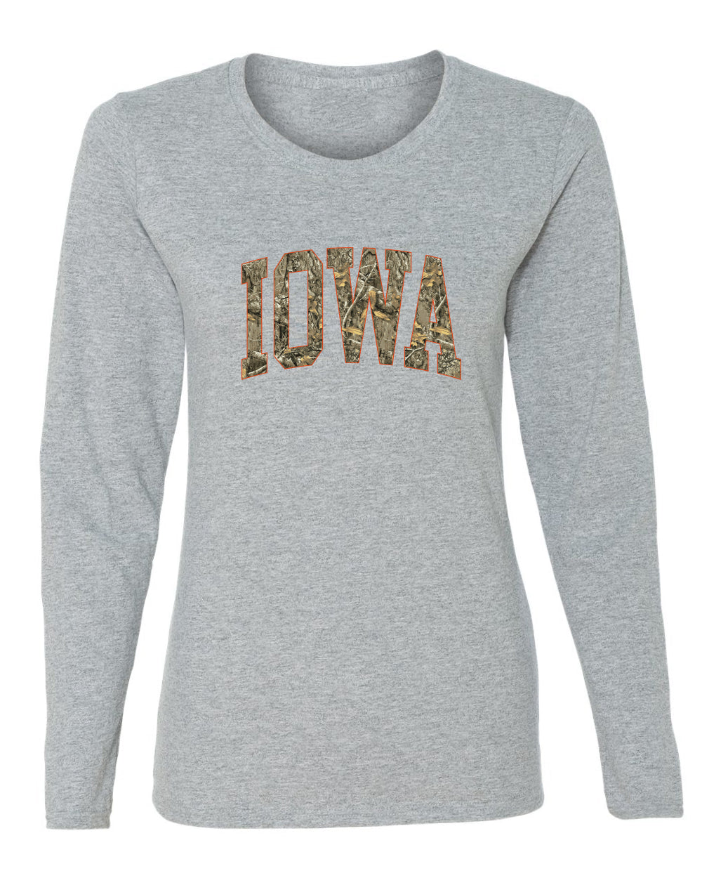 Iowa  Camo Fill Orange Outline Sweater, Womens Graphic Long Sleeve T-Shirt