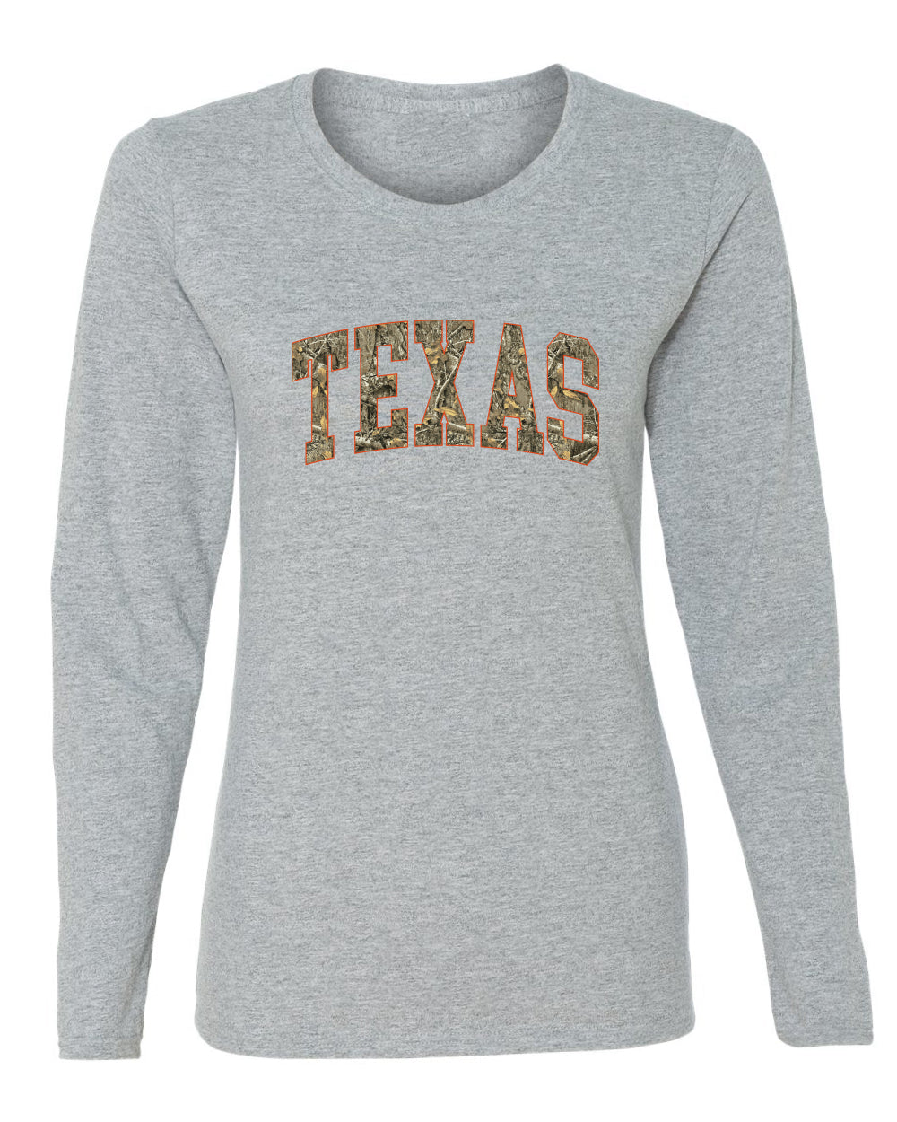 Texas  Camo Fill Orange Outline Sweater, Womens Graphic Long Sleeve T-Shirt