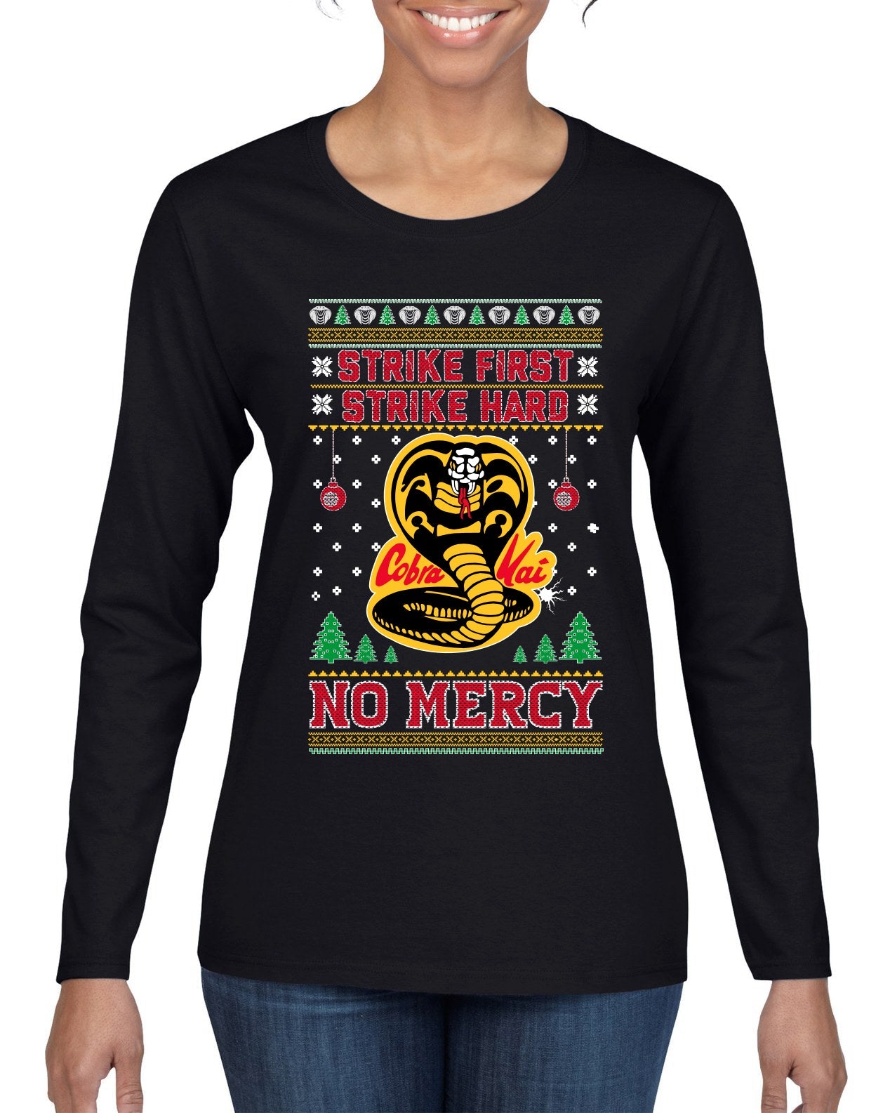 Strike First Strike Hard No Mercy Xmas Ugly Christmas Sweater Womens Graphic Long Sleeve T-Shirt