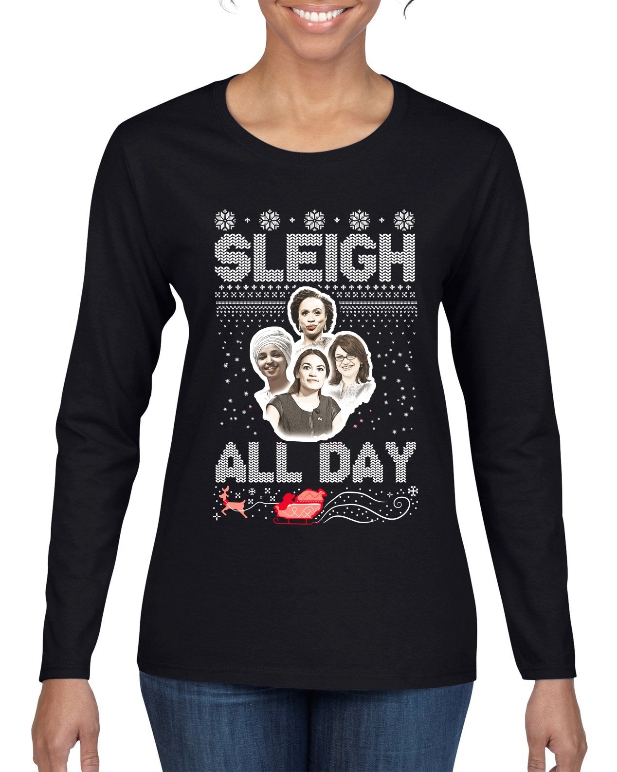 AOC The Squad Congresswomen Sleigh All Day Xmas Ugly Christmas Sweater Womens Graphic Long Sleeve T-Shirt