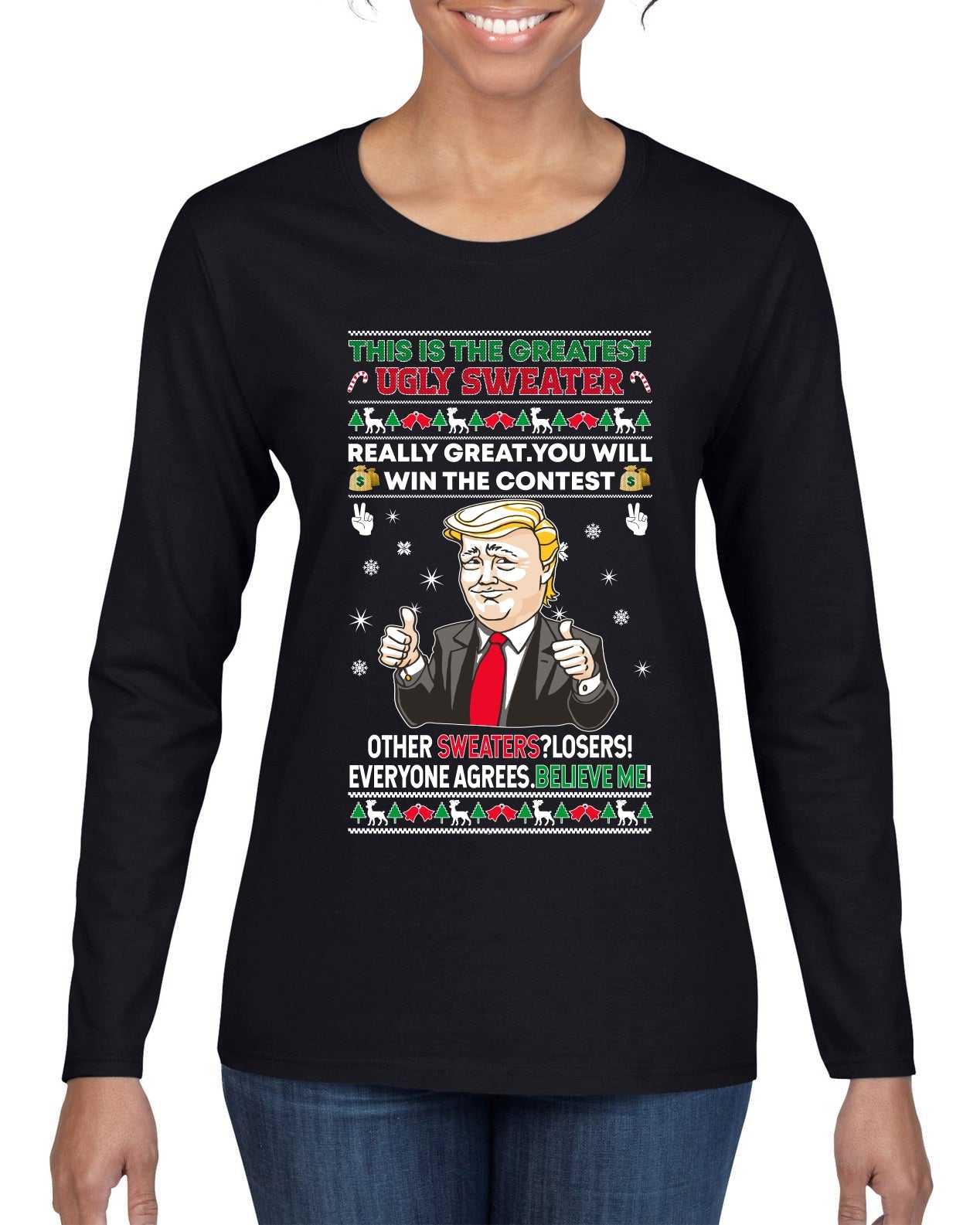 Trump This is the Greatest Ugly Christmas Sweater Womens Graphic Long Sleeve T-Shirt
