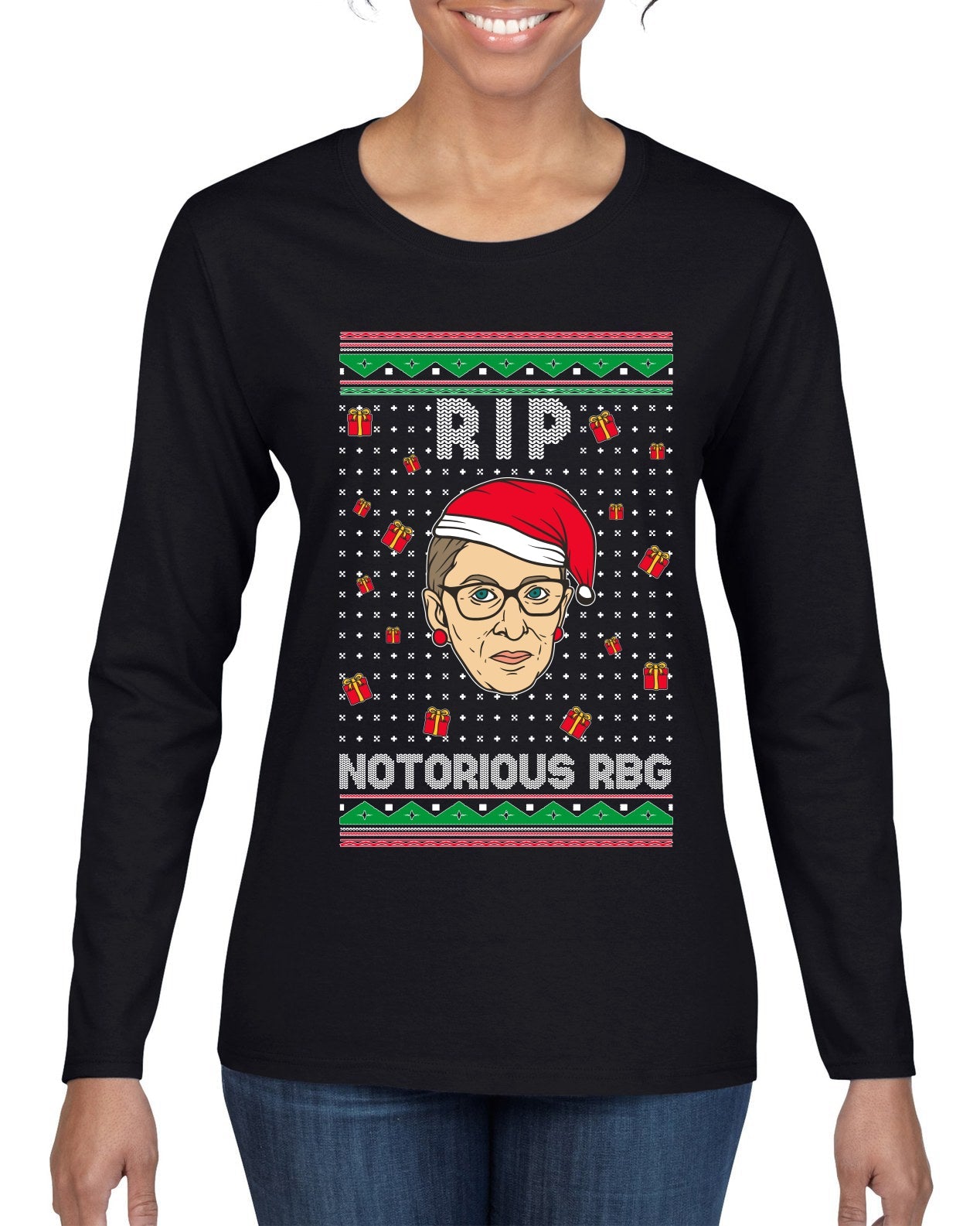 RIP Notorious RBG Ruth Bader Ginsburg Ugly Christmas Sweater Womens Graphic Long Sleeve T-Shirt