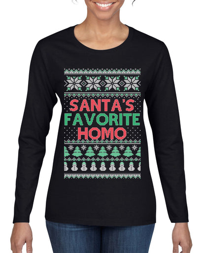 Santa's Favorite Homo Ugly Christmas Sweater Womens Graphic Long Sleeve T-Shirt