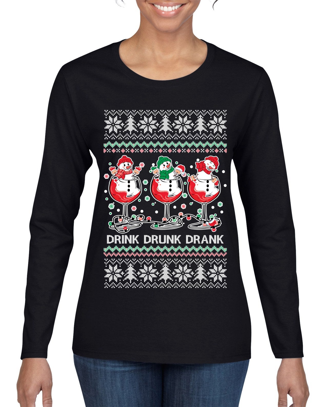 Holiday Spirits Drink Drank Drunk Snowmen Ugly Christmas Sweater Womens Graphic Long Sleeve T-Shirt