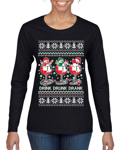 Holiday Spirits Drink Drank Drunk Snowmen Ugly Christmas Sweater Womens Graphic Long Sleeve T-Shirt