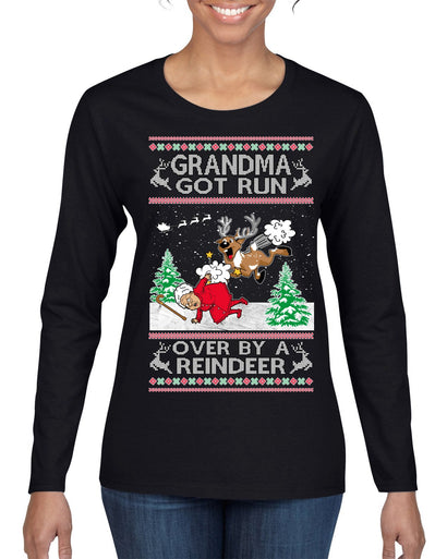 Grandma Got Run Over by a Reindeer, Funny Animated Design Rein Deer Kids TV Song Movie Ugly Christmas Sweater Womens Graphic Long Sleeve T-Shirt
