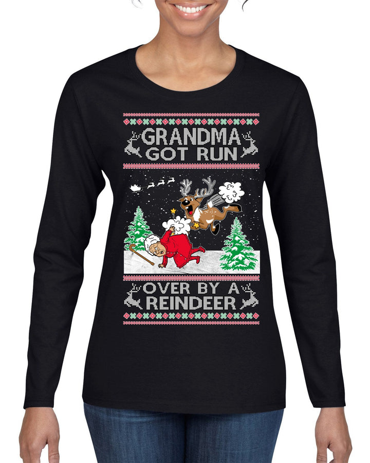 Grandma Got Run Over by a Reindeer, Funny Animated Design Rein Deer Kids TV Song Movie Ugly Christmas Sweater Womens Graphic Long Sleeve T-Shirt